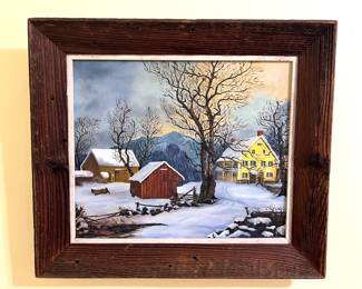 123. SIgned Oil on Canvas Winter Scene w/ Yellow House by M. Annibal in Rustic Wood Frame (31" x 27")