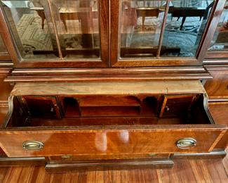 82. Antique Secretary/China Cabinet w/ Beveled Glass Doors & Inlay Detail (72" x 18" x 92")