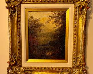 69. Oil on Canvas Mountain Scene w/ Figure and Carved Gold Frame (14" x 15")
