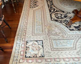 85. Black, Tan, Blue, and Rose Aubusson Rug (16' x 10'8")