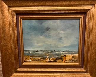 157b. Signed Oil on Board Seaside Scene by Mouchy (13" x 16")