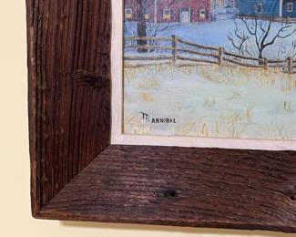122. Signed Oil on Canvas Winter Scene w/ Church & Barns by M. Annibal in Rustic Wood Frame (35" x 28")