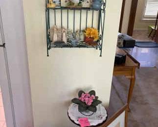 Metal Shelf, Small Table And Two Framed Prints