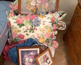 Framed Prints, Pitcher, And Bowl And Bed Pillows