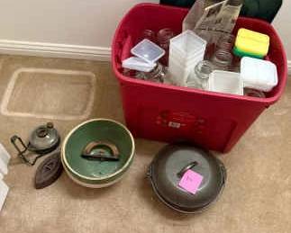 Antique Bowls, Iron Cooking Pot And Other Items
