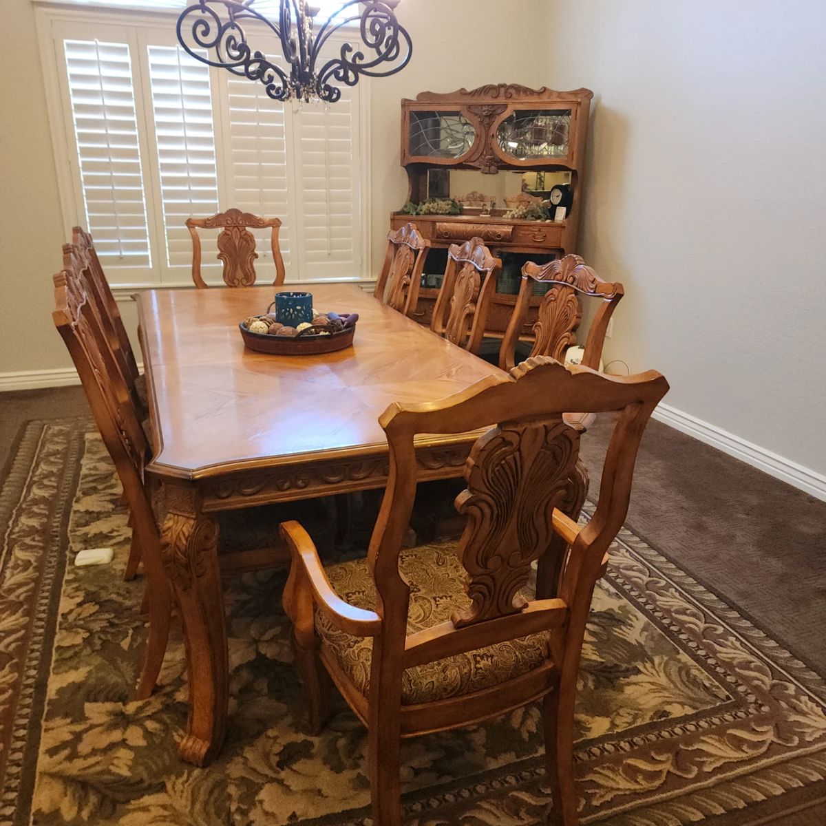 "Available for resale" 9-Piece Formal Dining Set – Carved Wood Table w/ 8 Upholstered Chairs