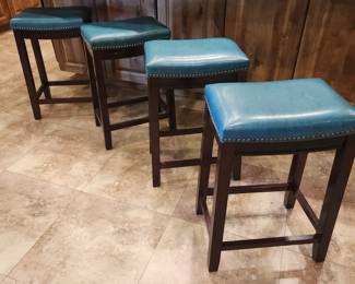 Set of 4 Blue Leather Counter Stools Nailhead Trim Wooden Bar Chairs