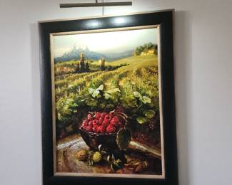 "Available for resale" Vintage Framed Oil Painting Vineyard Landscape with Bowl of Berries