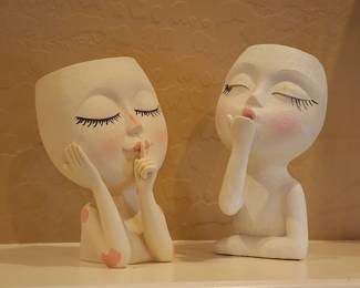 Modern Abstract Face Planter Vases Set of 2 Whimsical Kissing & Shushing