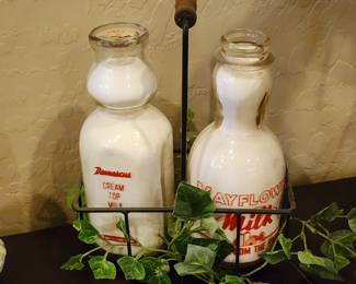Vintage Glass Milk Bottles Damascus Cream Top & Mayflower with Wire Carrier