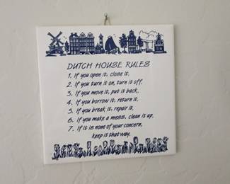 Dutch House Rules Ceramic Wall Plaque Blue & White Holland Decor