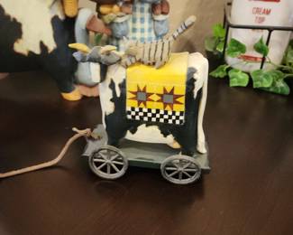 Folk Art Cow Pull Toy with Cat & Quilt Design Farmhouse Whimsical Figurine