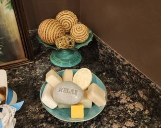 Decorative Wicker Balls & Relax Stone with Soaps Rustic Farmhouse Bowl Set