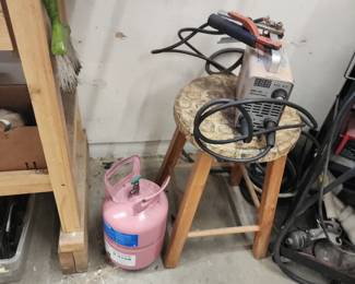 ARC-200 Welding Machine, Pink Tank, Wooden Stool