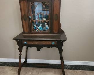 "Available for resale" Antique Wooden Display Cabinet on Table with Glass Door & Ornate Design