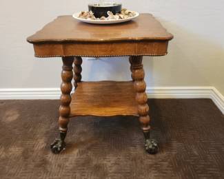 "Available for resale" Antique Oak Side Table – Claw Foot with Ball & Turned Legs Two-Tier Vintage