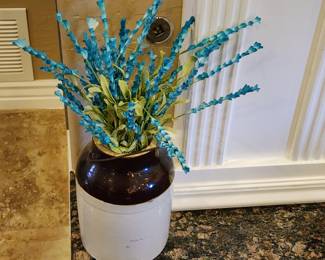 intage Stoneware Crock Jug Brown & Beige with Faux Blue Floral Arrangement