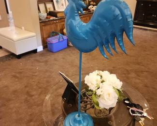 Vintage Blue Metal Rooster Statue Farmhouse Rustic Decor