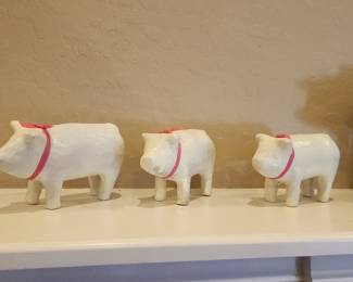 Set of 3 White Pig Figurines Rustic Farmhouse Folk Art Ceramic Animals