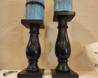 Pair Black Wooden Candle Holders Tall Pillar Stand Rustic Farmhouse Decor