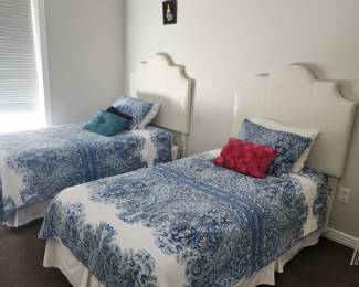 "Available for resale" Pair of Twin Beds with Upholstered White Headboards & Blue Paisley Bedding