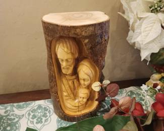 Hand Carved Wooden Log Religious Sculpture Holy Family Nativity