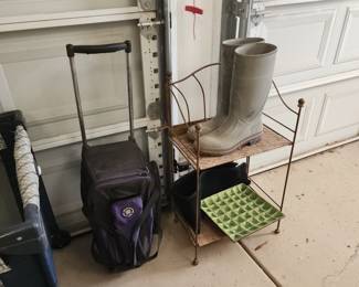 Rolling Travel Bag + Tall Rubber Rain Boots + Metal Shelf with Trays