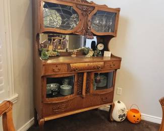 "Available for resale" Antique Oak Buffet Hutch with Leaded Glass Doors & Carved Detail Sideboard