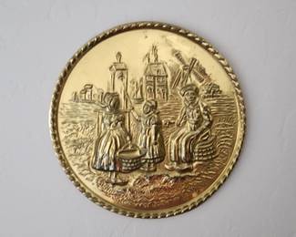 Vintage Brass Wall Plate – Dutch Windmill & Village Scene Embossed