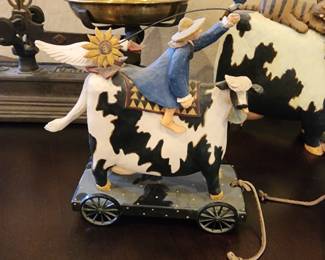 Whimsical Cow Figurine with Girl & Sunflower Pull Toy Folk Art Decor
