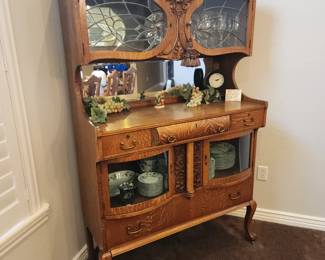 "Available for resale" Antique Oak Sideboard Buffet with Leaded Glass & Mirror – Early 1900s