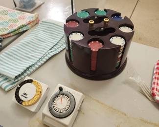 Vintage Poker Chip Set with Carousel Rack + 2 Mechanical Timers