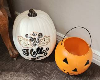 Halloween Decor Lot – White Painted “Hello” Pumpkin & Orange Jack-O’-Lantern Bucket