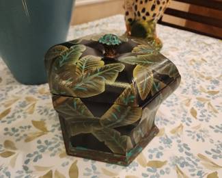 Hand Painted Decorative Tin Box with Leaf Design Vintage Style