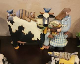 Folk Art Cow Figurine with Farmer Girl Cat & Birds Farmhouse Country Decor