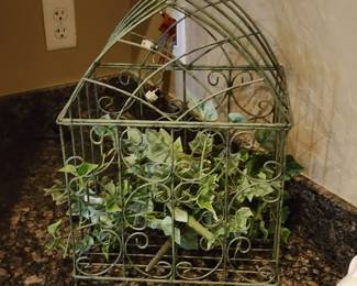 Vintage Green Metal Wire House Planter with Faux Ivy Farmhouse Garden Decor