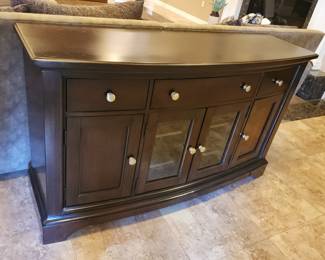Dark Wood Buffet Sideboard Credenza with Glass Doors & Storage Drawers