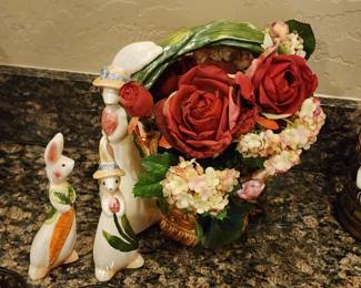 Vintage Ceramic Bunny Figurines & Floral Basket Arrangement Easter Spring Decor