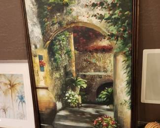 Mediterranean Courtyard Wall Art Framed Canvas Painting Rustic Archway