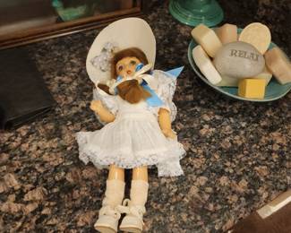 Vintage Porcelain Doll in White Lace Dress with Bonnet Collectible