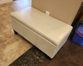 White Faux Leather Storage Bench Ottoman with Tufted Seat