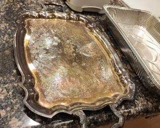 Vintage Silver Plated Serving Tray Ornate Handles Engraved Design