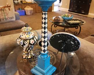 Harlequin Black White Tall Candlestick Holder with Blue Base Vintage