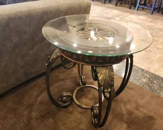 Glass Top Round Side Table Ornate Wrought Iron Base Vintage Accent