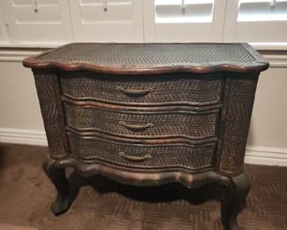 Vintage Wicker Front 3-Drawer Chest Serpentine Front Wood Dresser