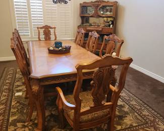 "Available for resale" 9-Piece Formal Dining Set – Carved Wood Table w/ 8 Upholstered Chairs