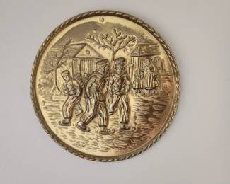 Vintage Dutch Brass Wall Plate – Embossed Ice Skating Scene