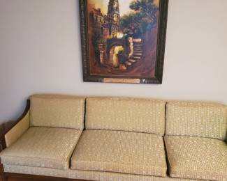 Mid century modern sofa. Bought in 1968 smoke pet free in rarely used livingroom. Great condition. Blemish free fabric. $600.00