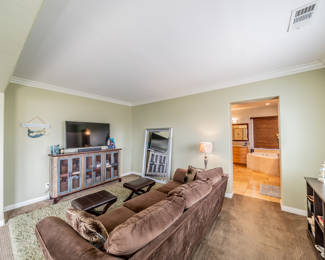 Couch, TV console, TV, End table