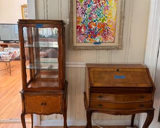 Ladies antique writing desk, French antique inlay collectors' cabinet and modern flower painting with gorgeous frame